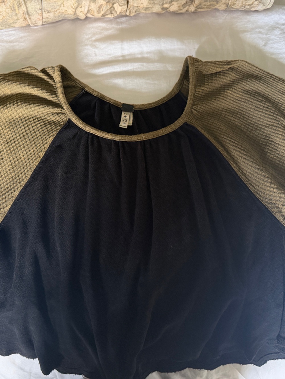 Free People Two-Tone Puff Sleeve Top — Distressed Black and Olive